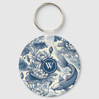 Porte-clés Carpe Koï Nénuphar Bleu Chinoiserie Toile Initiale