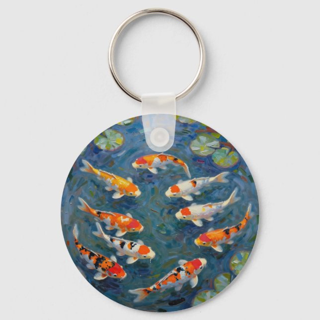 Porte-clés Carpes Koï Nymphéas Étang Impressionniste (Recto)