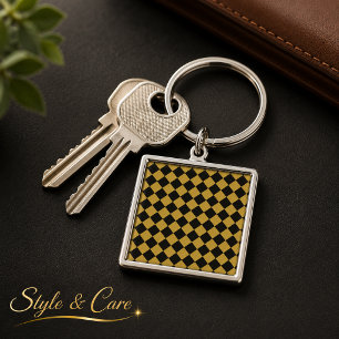 Porte-clés Carré à motif chevron noir et or métallisé