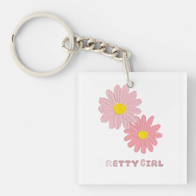 Porte-clés carré avec fleurs de marguerite rose (Devant)