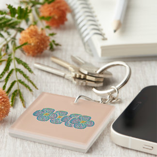 Porte-clés carré en acrylique à motif floral pêche
