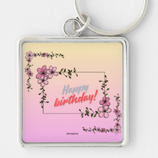 Porte-clés carré floral Joyeux Anniversaire