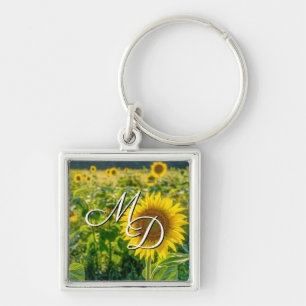 Porte-clés carré monogrammé Champ de Tournesols Do