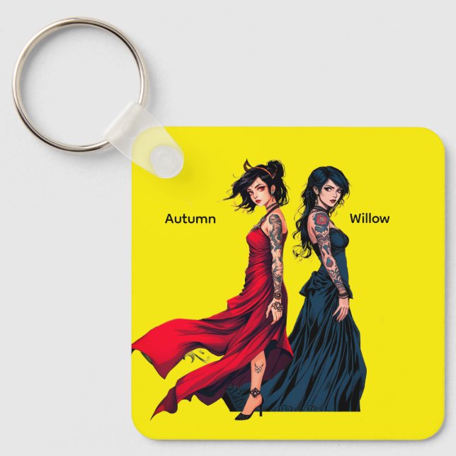 Porte-clés carré personnalisé avec filles tatouées (Recto)