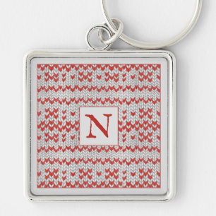 Porte-clés carré Premium RED NORDIC KNIT + Initial