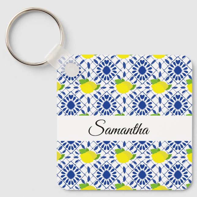 Porte-clés Carreau de citron géométrique bleu (Recto)