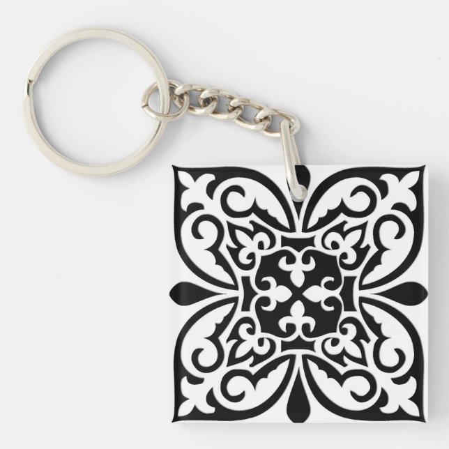 Porte-clés Carreau marocain - blanc avec fond noir (Devant)