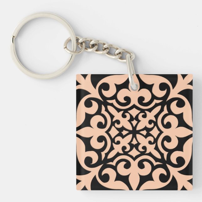 Porte-clés Carreau marocain - rose pêche et noir (Devant)