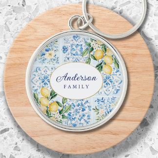 Porte-clés Carreaux italiens bleus personnalisés à l'aquarell