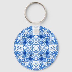 Porte-clés Carrelage blanc bleu, motif aquarelle sans couture