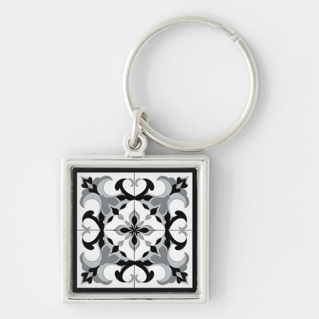 Porte-clés Carrelage de style espagnol noir et blanc (Devant)