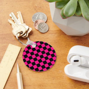 Porte-clés Carrés à dames rose vif noir géométrique rétro