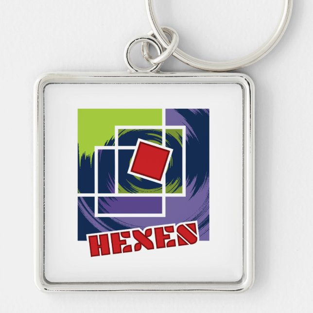 Porte-clés Carrés Abstraits verts et violets avec texte Hexes (Devant)