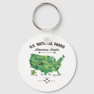 Porte-clés Carte des 62 parcs nationaux américains vintage ca