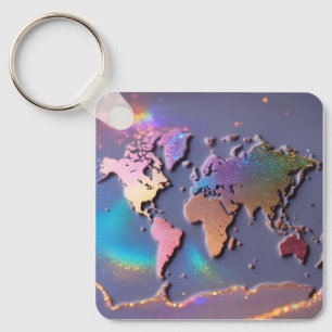 Porte-clés Carte du monde colorée 3D pailletée Glitter