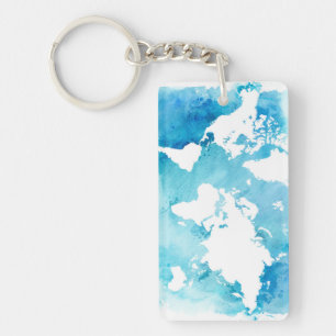 Porte-clés Carte du monde dans des bleus d'aquarelle
