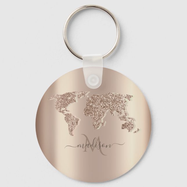 Porte-clés Carte du Monde Voyage Monogramme Pailletée (Recto)