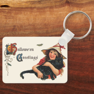 Porte-clés Cartes de vœux Halloween vintage, enfant sorcière 