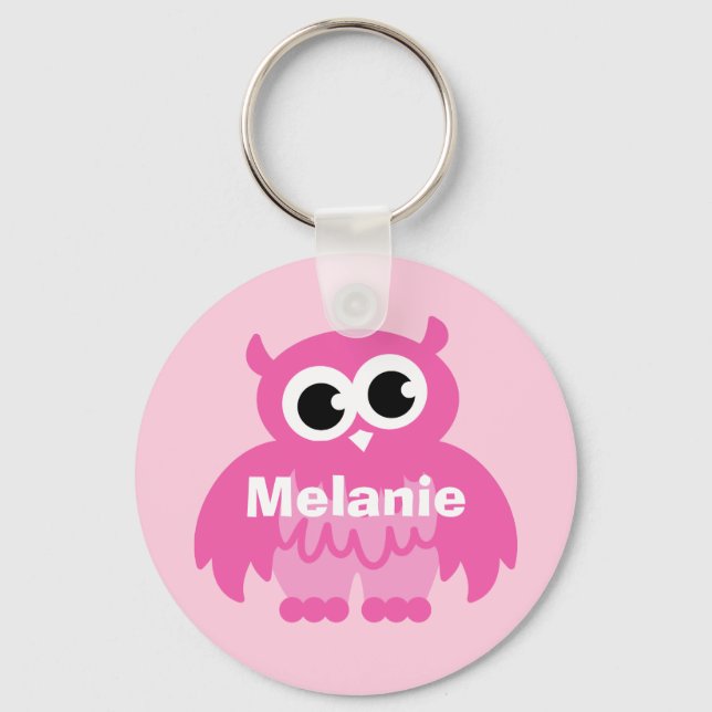 Porte-clés cartoon chouette rose girly avec nom (Recto)