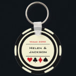Porte-clés Casino Poker Chip Noir Hors Blanc Mariage Faveur<br><div class="desc">Se marier à Las Vegas ou peut-être que vous avez un mariage thématique casino ? Ces porte - clés blancs et noirs sauront plaire à vos invités. Personnalisez le design avec vos noms en noir dans le centre,  et une date mariage,  merci,  etc en rouge sur le dessus.</div>