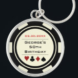 Porte-clés Casino Thème Black White Poker Chip Anniversaire<br><div class="desc">Ce porte - clé de style jeton de poker blanc et noir ferait un cadeau d'anniversaire parfait pour quelqu'un qui aime jouer au poker! Personnalisez le design avec un nom et un numéro de date de naissance en noir au centre,  et l'anniversaire en rouge sur le dessus.</div>