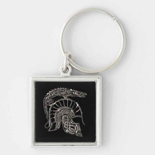 Porte-clés Casque de dragon métallique de guerrier cool (Devant)