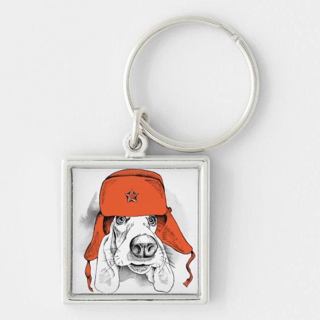 Porte-clés Casquette rouge de Basset Hound | Ushanka (Devant)