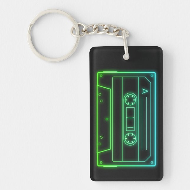 Porte-clés cassette néon, rétro vaporwave bleu ver (Devant)