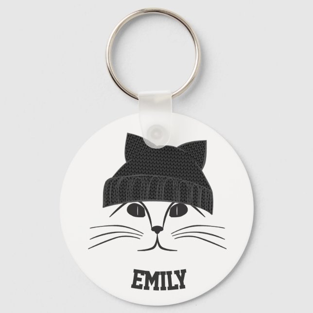 Porte-clés Cat in Wool Hat Personalised Cute (Recto)
