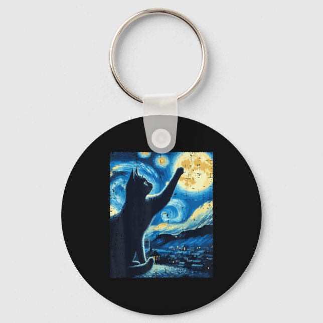 Porte-clés Cat Reaching Moon Starry Night Funny Kitten Men Wo (Recto)