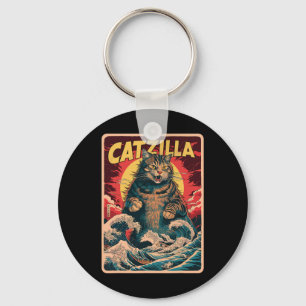 Porte-clés Catzilla Art Japonais Drôle Chat Vintage Graphisme
