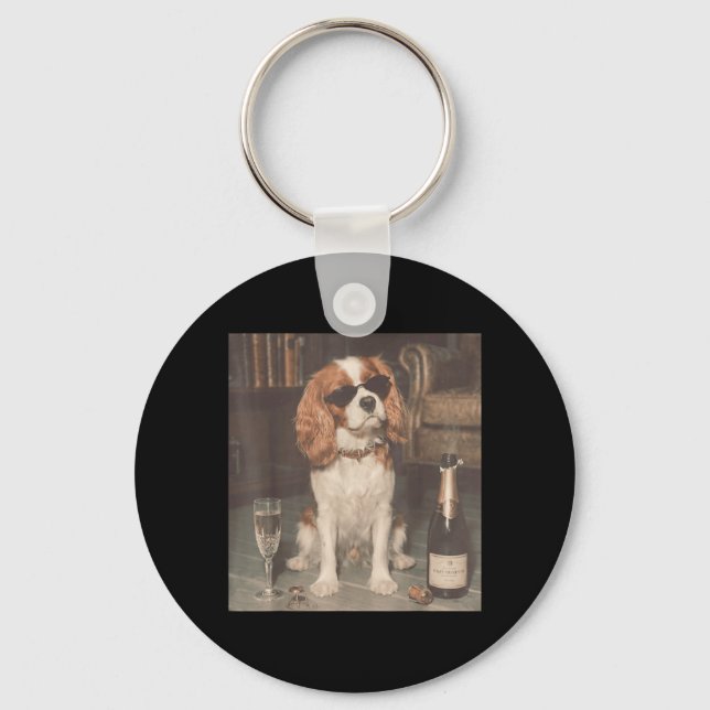 Porte-clés Cavalier King Charles buvant du champagne drôle (Recto)