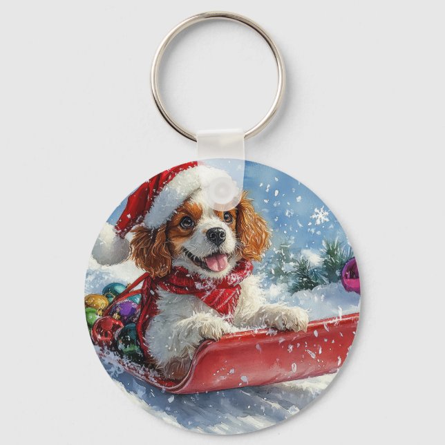 Porte-clés Cavalier King Charles Spaniel Chariot de Noël (Recto)