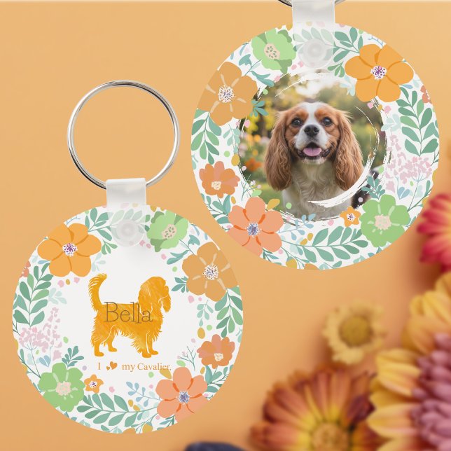Porte-clés Cavalier King Charles Spaniel Fleur Orange Pastel (Créateur téléchargé)
