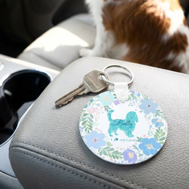 Porte-clés Cavalier King Charles Spaniel Floral Bleu Pastel  (Créateur téléchargé)