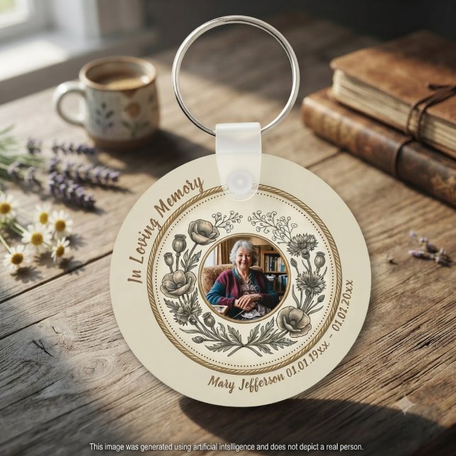 Porte-clés Célébration de la vie commémorative botanique vint (Vintage floral photo keychain for a grieving family to wear at a celebration of life service.)