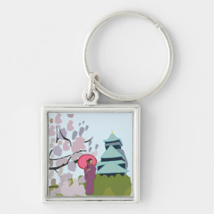 Porte-clés Cérémonie Fleur de Cerisier Geisha Kimono Japon 