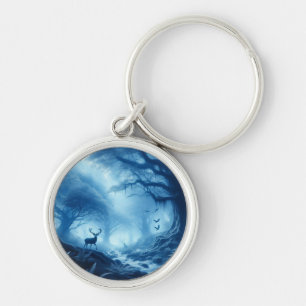 Porte-clés Cerf dans la forêt noire de la brume bleue