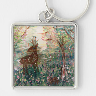 Porte-clés cerf et lapin dans les bois
