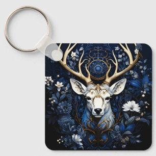 Porte-clés Cerf gothique floral céleste de minuit