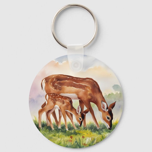 Porte-clés Cerf peint maman et bébé (Recto)
