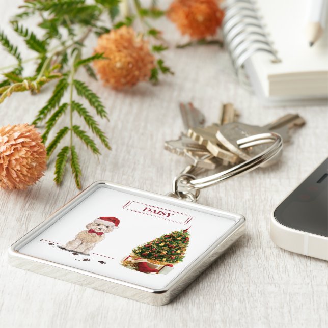 Porte-clés Champagne Cockapoo Drôle de Noël Chien avec Arbre (Côté)