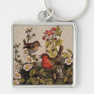 Porte-clés Chant d'oiseaux du printemps vintage botanique flo