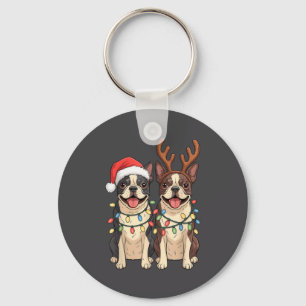 Porte-clés Chapeau de Noël de Santa Boston Terrier avec lumiè