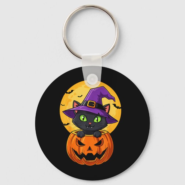 Porte-clés Chapeau de sorcière chat noir mignon dans citrouil (Recto)