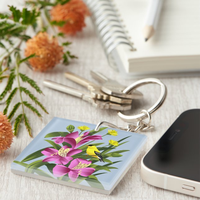 Porte-clés Chardonneret et fleurs (Devant Droit)