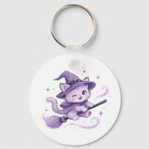 Porte-clés Charmante sorcière chat violet sur balai Halloween