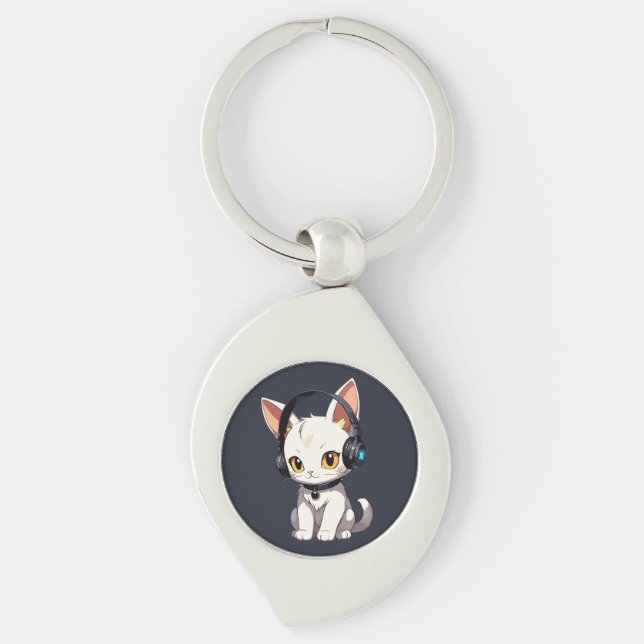 Porte-clés Charming Chat élégant dans casque (Devant)