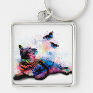 Porte-clés Chat 614 papillon bleu rose
