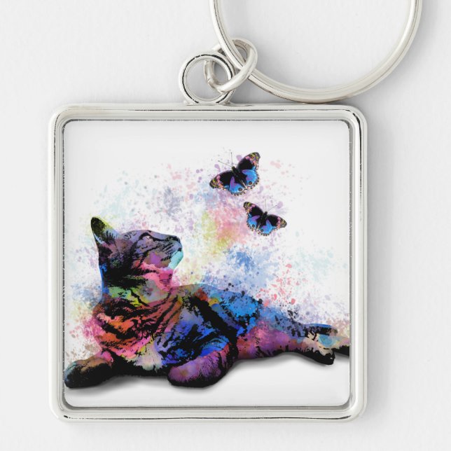 Porte-clés Chat 614 papillon bleu rose (Devant)